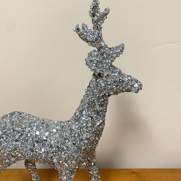 Glam Christmas Beaded Sequin Reindeer Figurine Table Decor 13.5” Silver Glitter - Picture 5 of 5